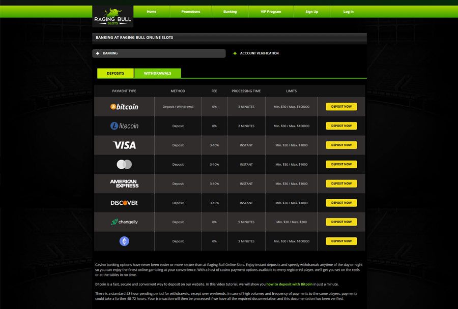 Raging Bull Payment Methods and Banking Experience